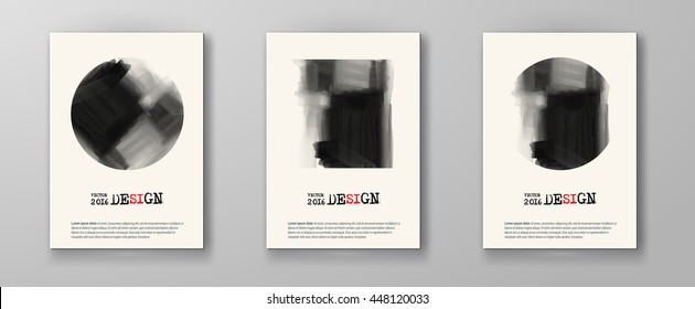 Abstract stylish background black ink paint. Monochrome blot isolated on white. Grunge watercolor banner. Painting. Wallpaper with empty space for your text. Brochure set. Vector illustration.