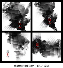 Abstract stylish background Black ink paint. Black blot isolated on white square. Grunge watercolor banner. Painting. Wallpaper with empty space for your text. Vector illustration set.