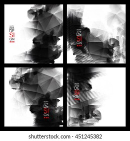Abstract stylish background Black ink paint. Black blot isolated on white square. Grunge watercolor banner. Painting. Wallpaper with empty space for your text. Vector illustration set.