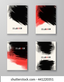 Abstract stylish background black red ink paint. Black red blot isolated on white. Grunge watercolor banner. Painting. Wallpaper with empty space for your text. Brochure set. Vector illustration.