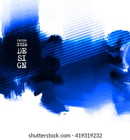 Abstract stylish background blue ink paint. Blue blot isolated on white square. Grunge watercolor banner. Painting. Wallpaper with empty space for your text. Vector illustration.