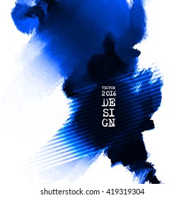 Abstract stylish background blue ink paint. Blue blot isolated on white square. Grunge watercolor banner. Painting. Wallpaper with empty space for your text. Vector illustration.