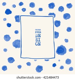 Abstract stylish background blue ink paint. Blue blot isolated on white square. Grunge watercolor banner. Painting. Wallpaper with empty space for your text. Vector illustration.