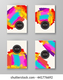 Abstract stylish background color ink paint. Multicolor blot isolated on white. Grunge watercolor banner. Painting. Wallpaper with empty space for your text. Brochure set. Vector illustration.