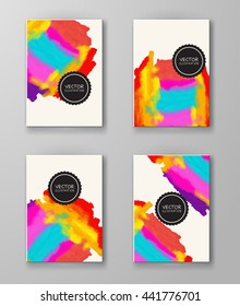 Abstract stylish background color ink paint. Multicolor blot isolated on white. Grunge watercolor banner. Painting. Wallpaper with empty space for your text. Brochure set. Vector illustration.