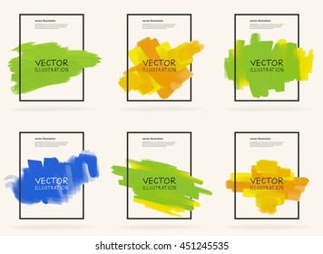 Abstract stylish background Color ink paint. Summer idea blot in black square. Grunge watercolor banner. Painting. Wallpaper with empty space for your text. Vector illustration set.