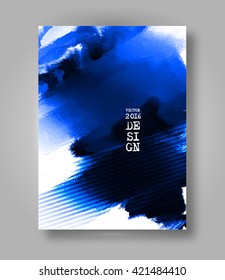Abstract stylish Brochure blue ink paint. Blue blot isolated on white background. Grunge watercolor banner. Painting. Wallpaper with empty space for your text. Vector illustration.