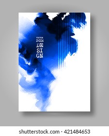 Abstract stylish Brochure blue ink paint. Blue blot isolated on white background. Grunge watercolor banner. Painting. Wallpaper with empty space for your text. Vector illustration.