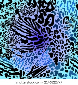 Abstract stylish brush Leopard spots and textured zebra Stripes, trendy Seamless Pattern, stylized mix design combination  for allover fabric print or wrapping paper