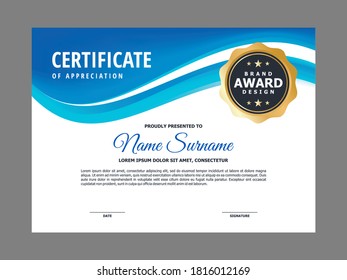 Abstract Stylish Certificate with Blue Wavy Element Design, Professional Modern Certificate with Golden Badge Sign Template Vector