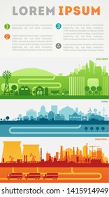 Abstract Stylish Cityscape Infographics. Infographics Elements Collection With Town, City, Farm And Industrial Districts, With Infographics Elements And Industry Icons