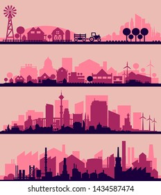 Abstract stylish cityscape infographics. Infographics elements collection with town, city, farm and industrial districts
