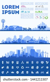 Abstract stylish cityscape infographics. Infographics elements collection with town, city, farm and industrial districts, with infographics elements and industry icons