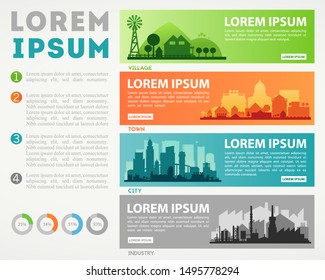 Abstract stylish cityscape infographics. Infographics elements collection with town, city, farm and industrial districts
