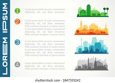 Abstract stylish cityscape infographics. Infographics elements collection with town, city, farm and industrial districts