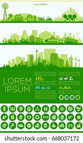 Abstract Stylish Cityscape Infographics. Infographics Elements Collection With Town, City, Farm And Industrial Districts, With Infographics Elements And Industry Icons