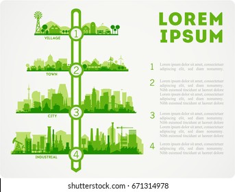 Abstract stylish cityscape infographics. Infographics elements collection with town, city, farm and industrial districts