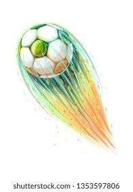 Abstract stylish conceptual design of a digital soccer ball from splash of watercolors, flying ball. Vector illustration of paints