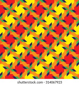 Abstract stylish decorative seamless pattern with different geometrical shapes of yellow, orange, green, red and blue shades