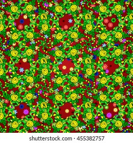 Abstract stylish decorative seamless pattern with circle and twirl elements of red, green and yellow colors