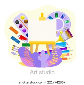 Abstrakte, stilvolle Design-Studio-Illustration mit Bürste, Stift, Bleistift, Aasel und Palette. Kinder-Kunstklasse oder Studiobezeichnungen, Kinderkreativitätszentrum. Kunsthochschule, Mallogo-Kunstschule 