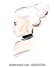Abstract stylish elegant woman model from back view drawing sketch. Digital watercolor fashion illustration.