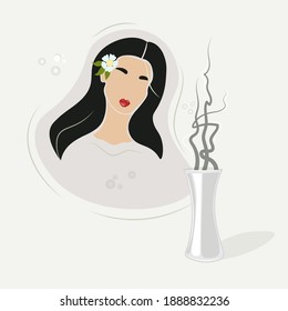 Abstract stylish gentle composition with a portrait of a women and a vase with dried flowers.Vector. Minimalism. Fashion illustration Isolated on grey background.