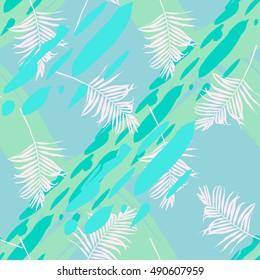 Abstract  Stylish geometric brush strokes fantasy print with palm leaves .Hand drawn hipster stylish pattern
