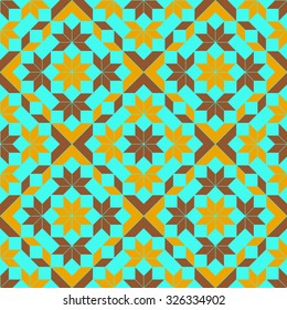 Abstract stylish geometric seamless pattern with rhombus, square, triangle and star shapes of cyan, orange and brown shades