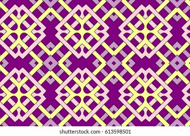 Abstract stylish geometric seamless pattern with celtic ornament of violet and yellow shades