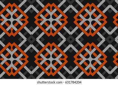Abstract stylish geometric seamless pattern with celtic ornament of orange, gray, and black shades