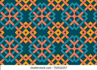 Abstract stylish geometric seamless pattern with celtic ornament of orange, yellow, blue and teal shades