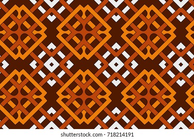 Abstract stylish geometric seamless pattern with celtic ornament of orange, white, and brown shades