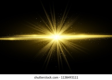 Abstract stylish golden light effect on dark background. Glowing magical star. Bright flares. Gold rays. Magic explosion. Christmas light. Vector illustration. EPS 10
