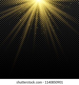 Abstract stylish golden light effect on dark background. Bright flares. Bright rays. Magic explosion. Sunlight with falling gold dust. Christmas light. Vector illustration. EPS 10