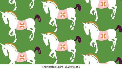 Abstract Stylish Horses Seamless Pattern Trendy Fashion Colors Elegant Hand Drawn Pattern Minimal Silhouette Icons Animal Design Green Tones