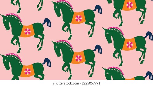 Abstract Stylish Horses Seamless Pattern Trendy Fashion Colors Elegant Hand Drawn Pattern Minimal Silhouette Icons Animal Design Pastel Pink Green Tones