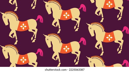 Abstract Stylish Horses Seamless Pattern Trendy Fashion Colors Elegant Hand Drawn Pattern Minimal Silhouette Icons Animal Design Dark Purple Background