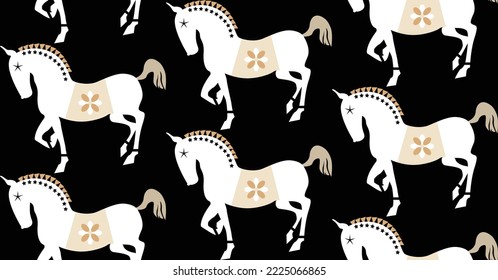 Abstract Stylish Horses Seamless Pattern Trendy Fashion Colors Elegant Hand Drawn Pattern Minimal Silhouette Icons Animal Design Black Background