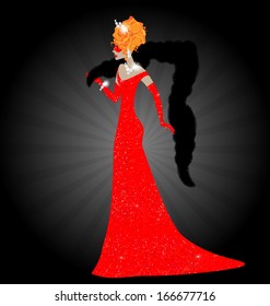 abstract stylish lady in red dress and half mask