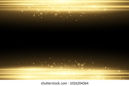 Abstract stylish light effect on a black background. Gold glowing neon lines in motion. Golden luminous dust and glares. Flash Light. Vector illustration. EPS 10