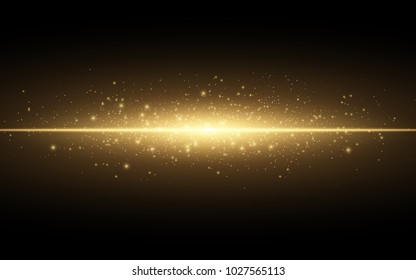 Abstract stylish light effect on a black background. Gold glowing neon line. Golden luminous dust and glares. Flash Light. luminous trail. Vector illustration. EPS 10