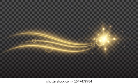 Abstract stylish light effect on transparent background. Golden glowing neon sparks. Glowing trail. Vector illustration.