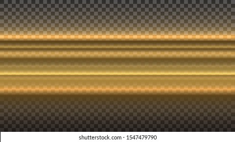 Abstract stylish light effect on transparent background. Golden glowing neon lines. Glowing trail. Vector illustration. Dimming levels.