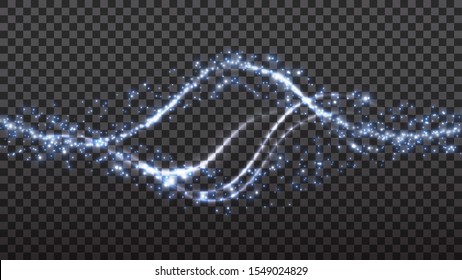 Abstract stylish light effect on transparent background. Golden glowing neon sparks. Glowing trail. Vector illustration.