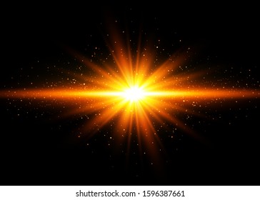 Abstract stylish light effect on a black background. Gold glowing neon line. Golden luminous dust and glares. Flash Light. luminous trail. Vector illustration. EPS 10