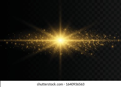 Abstract stylish light effect on a black background. Gold glowing neon lines. Gold glowing dust and glare. Flash Light. Light trail. Vector illustration. EPS 10