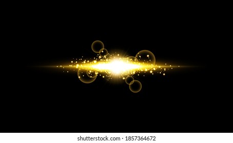 Abstract stylish light effect on a black background. Gold glowing neon line. Golden luminous dust and glares. Flash Light. luminous trail. Vector illustration.