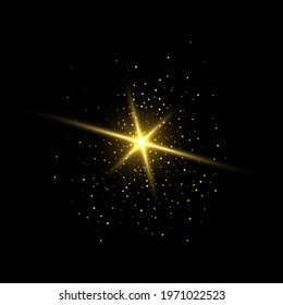 Abstract stylish light effect on a black background. Golden luminous dust and glares. Flash Light. luminous trail.