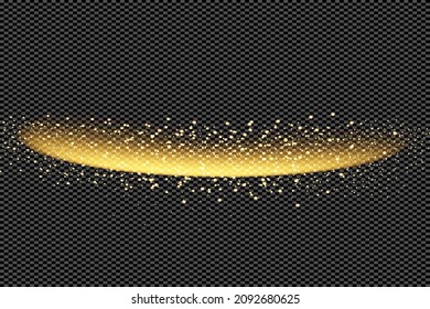 Abstract stylish light effect on transparent background. Golden glowing neon arc with dust and glare.